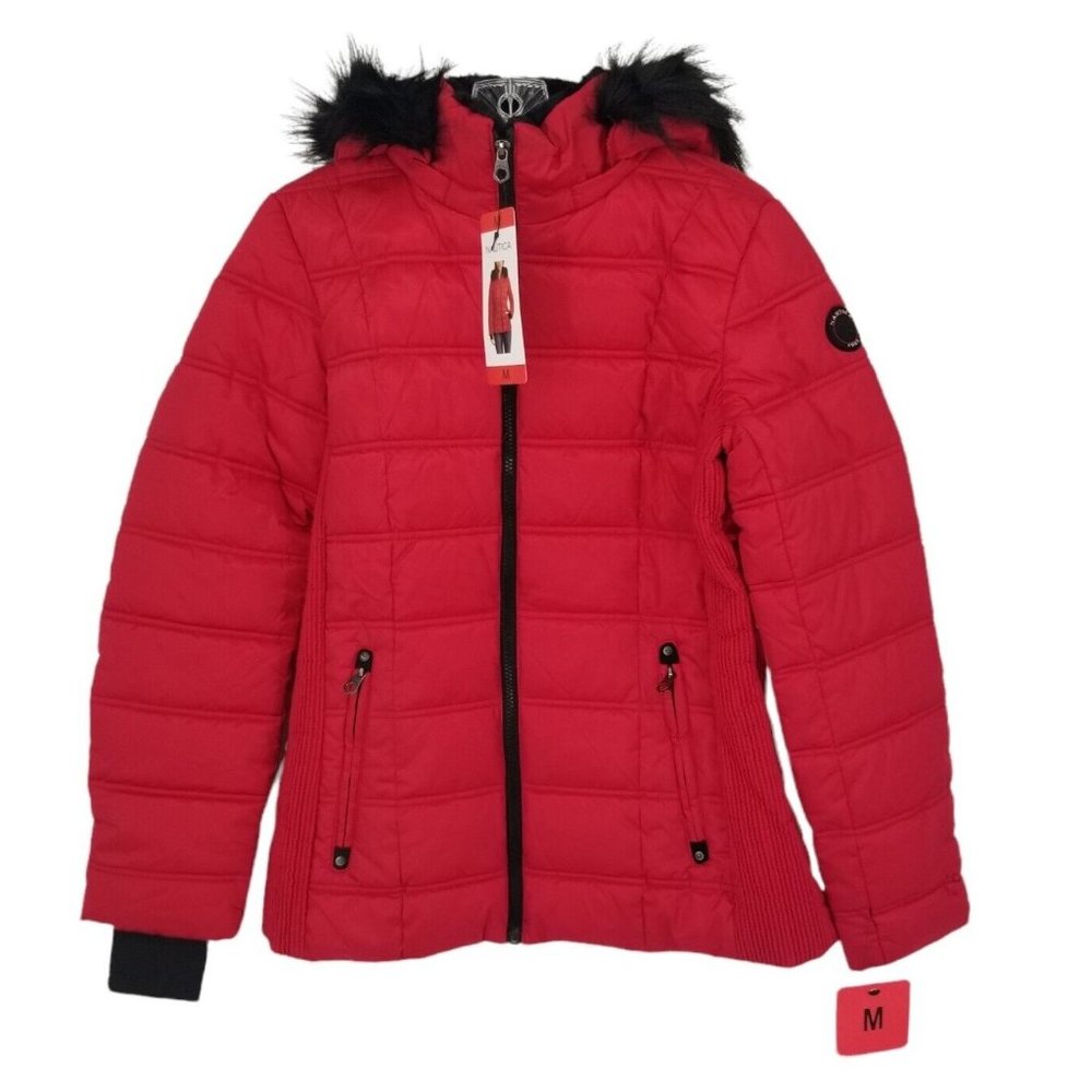 NAUTICA PUFFER COAT WOMENS MEDIUM RED BLACK FAUX FUR TRIM WATER RESISTANT NWT